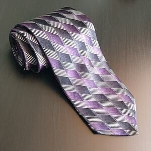 Stafford Silk Necktie purple black stripes geometric checkered 56" L x 4" W